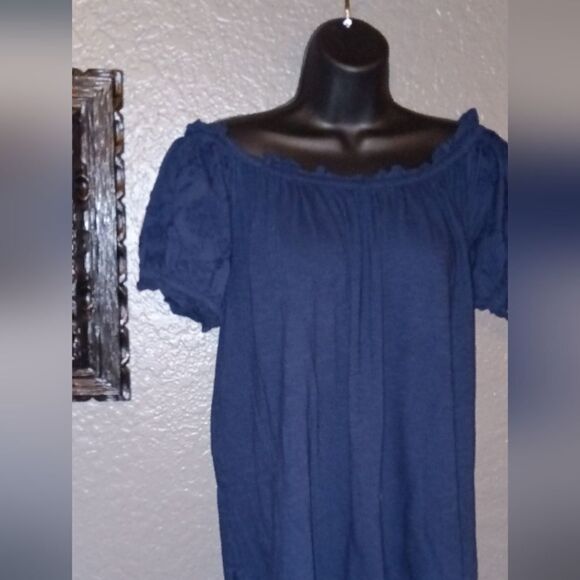 Loft Dark Blue Blouse w/ Floral Blue on Blue Embroidery on Sleeves - Picture 3 of 6